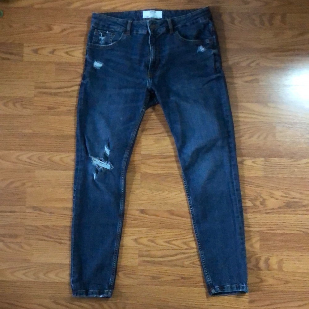 Bershka Men's Dark Ripped Jeans